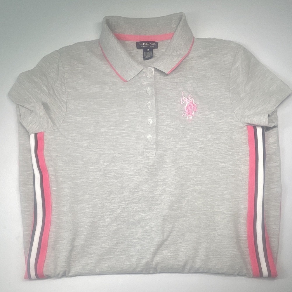 U.S. Polo Assn. Woman’s Size M Gray Shirt Dress Pink Stripes Collared Knee - Picture 2 of 5